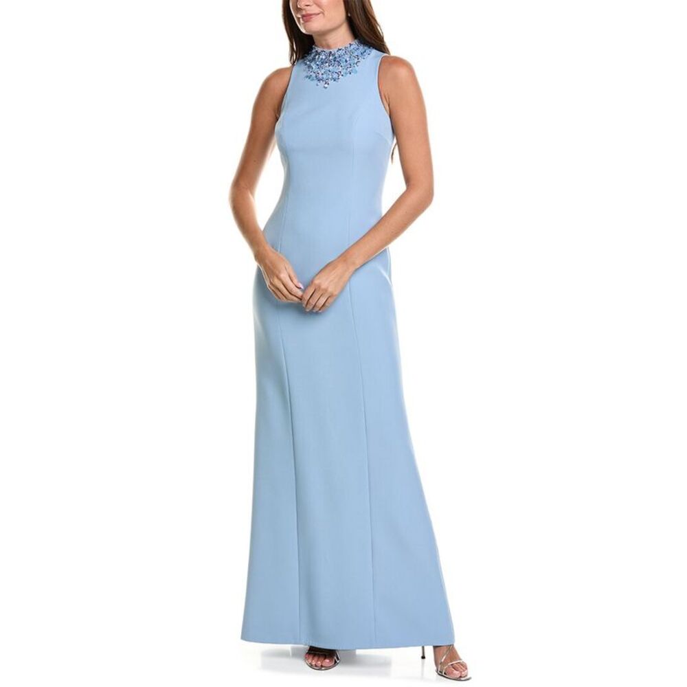Teri Jon By Rickie Freeman Womens  Crepe Funnel Beaded Neck Column Gown, Blue